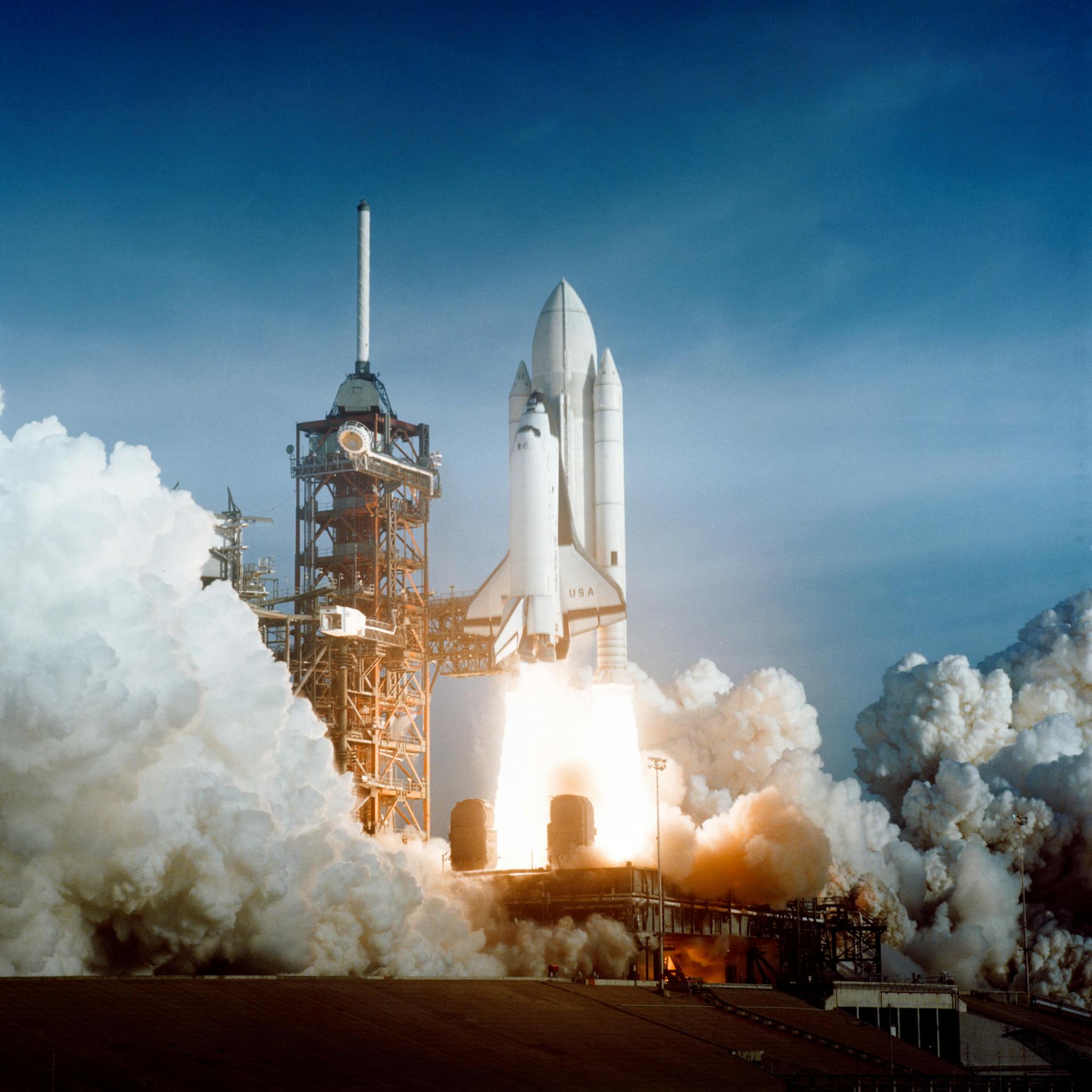 Space Shuttle Columbia soars into space.